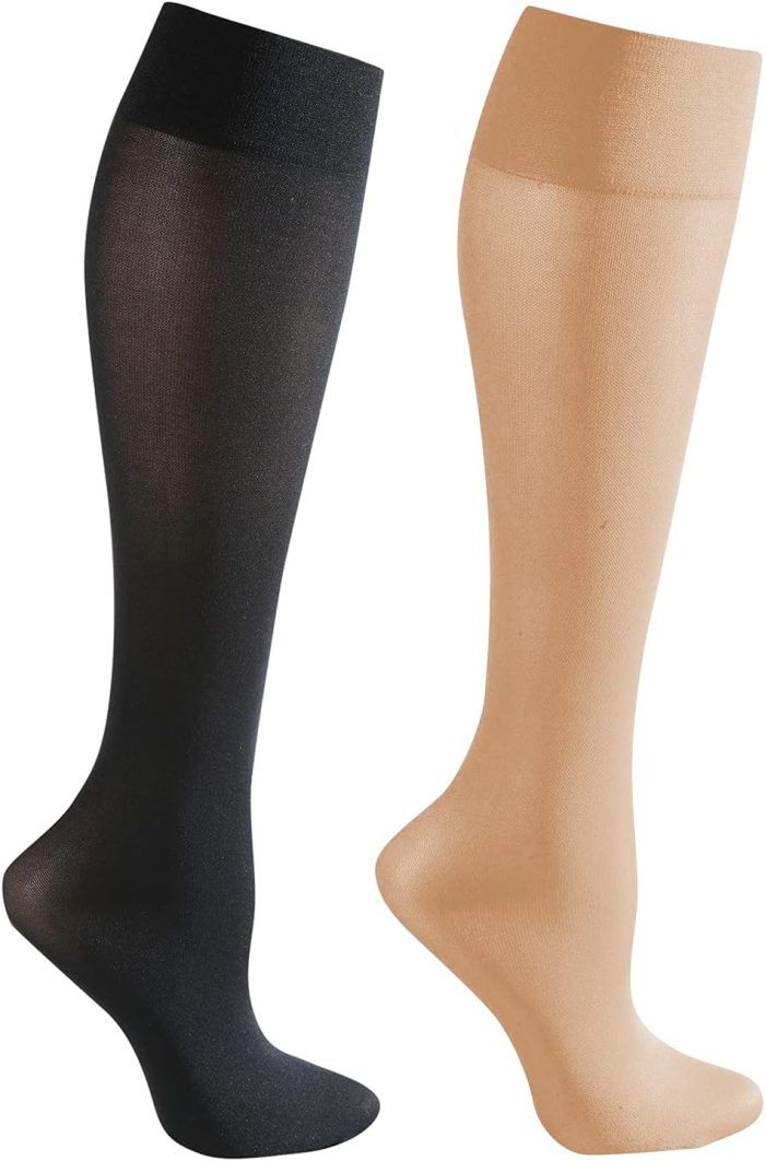 Black and beige knee-high stockings, sheer texture, side view, ideal for everyday wear.